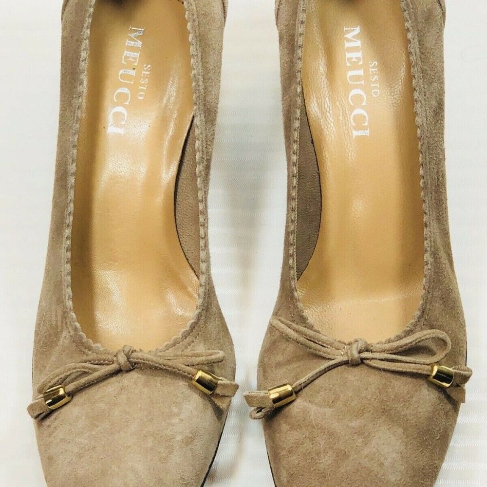 Sesto Meucci Suede Leather Gold Trim Shoes Pumps - Picture 4 of 12